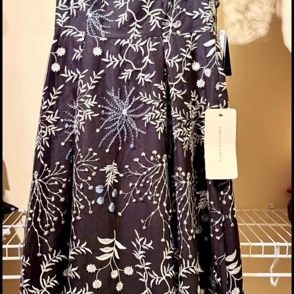 Adrianna Papell Women Black Blue Embroidered Lace Fit Flare Midi Dress Size 0 - Picture 12 of 16